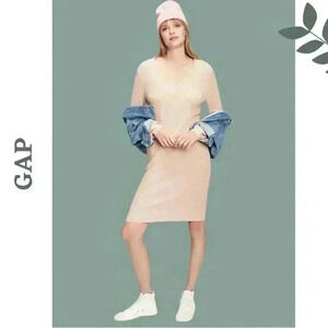 Gap V Neck Sweater Dress Long Sleeve Ribbed Midi Pale Pink Grey Size Extra Small